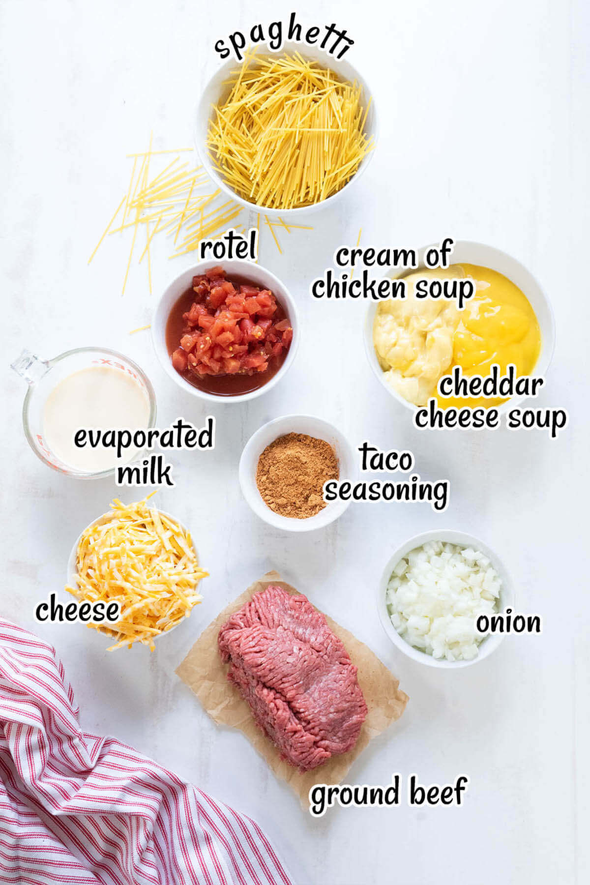 All of the ingredients needed to make the cheesy casserole recipe. With print overlay for clarification. 