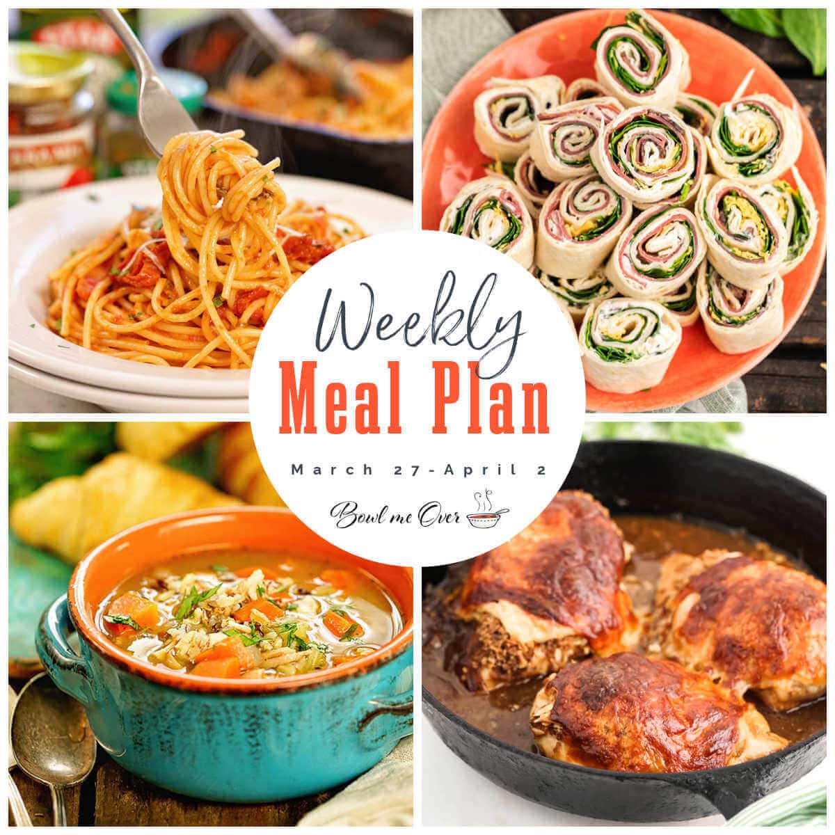 Collage of photos for weekly meal plan 13 for March 27-April 2, with print overlay.
