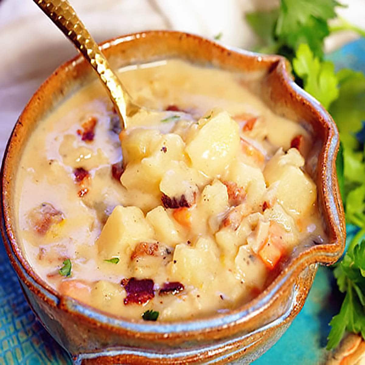 Clam Chowder in bowl with spoon.