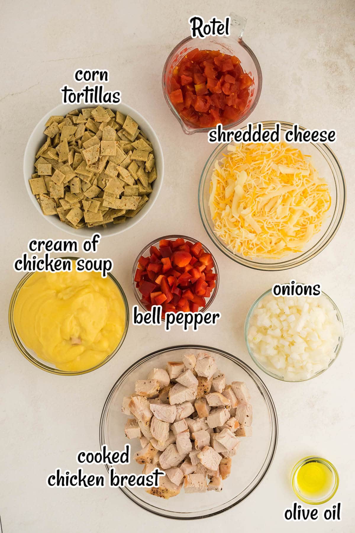 Ingredients for the King Ranch Chicken Casserole, with print overlay. 