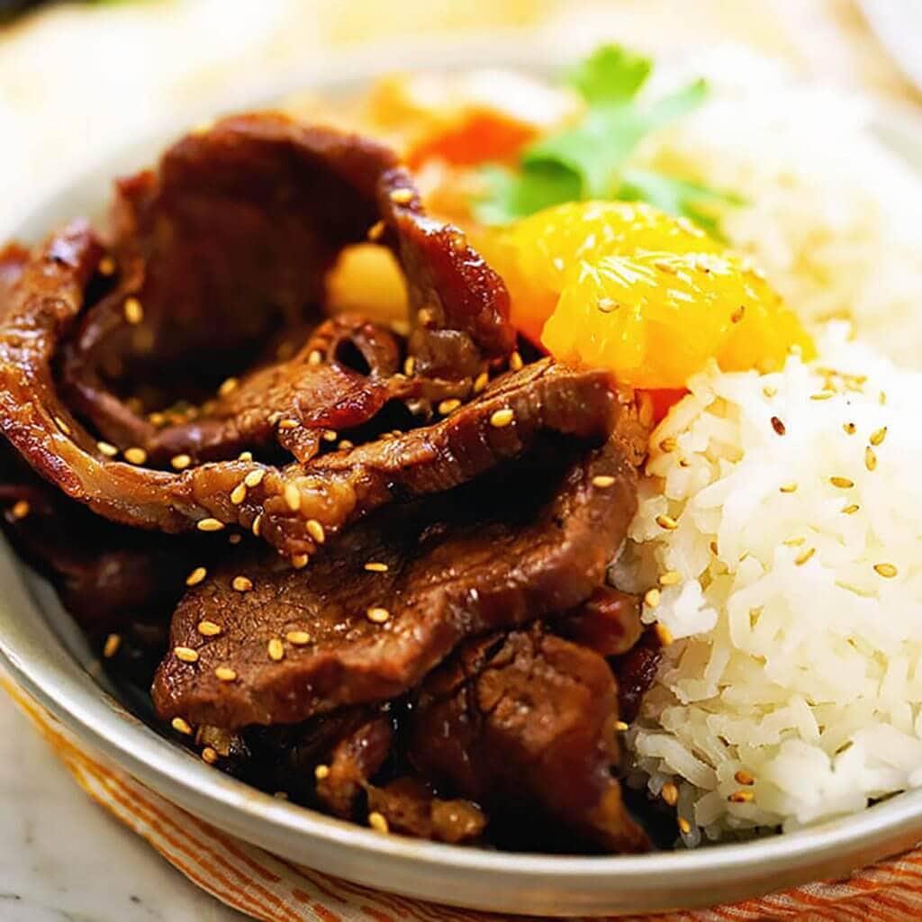Korean BBQ Beef in bowl with rice.