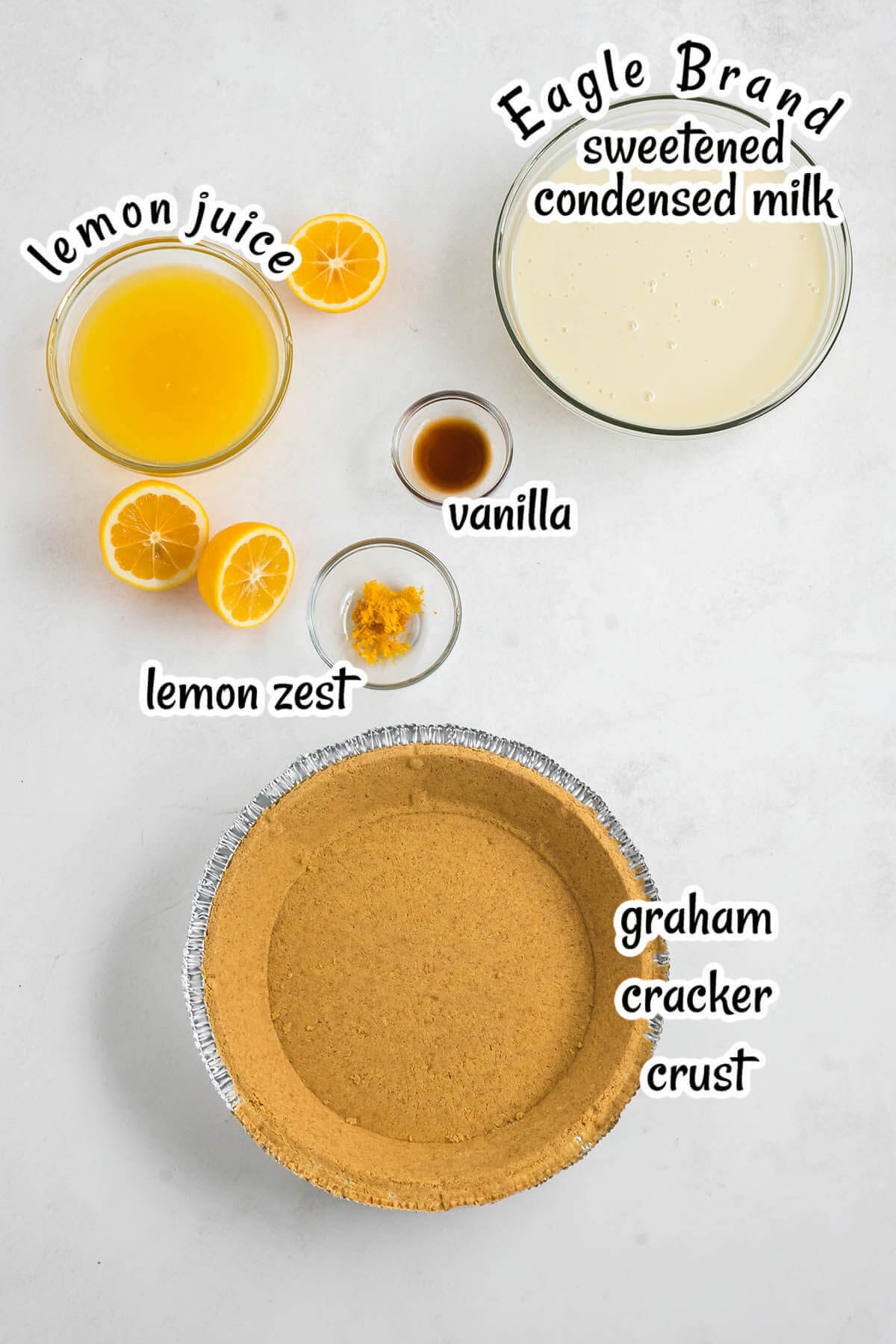 Ingredients showing how to make no bake pie recipe, with print overlay.