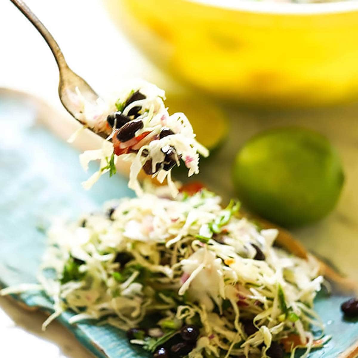 Mexican Coleslaw on a plate with a fork filled with the slaw. 