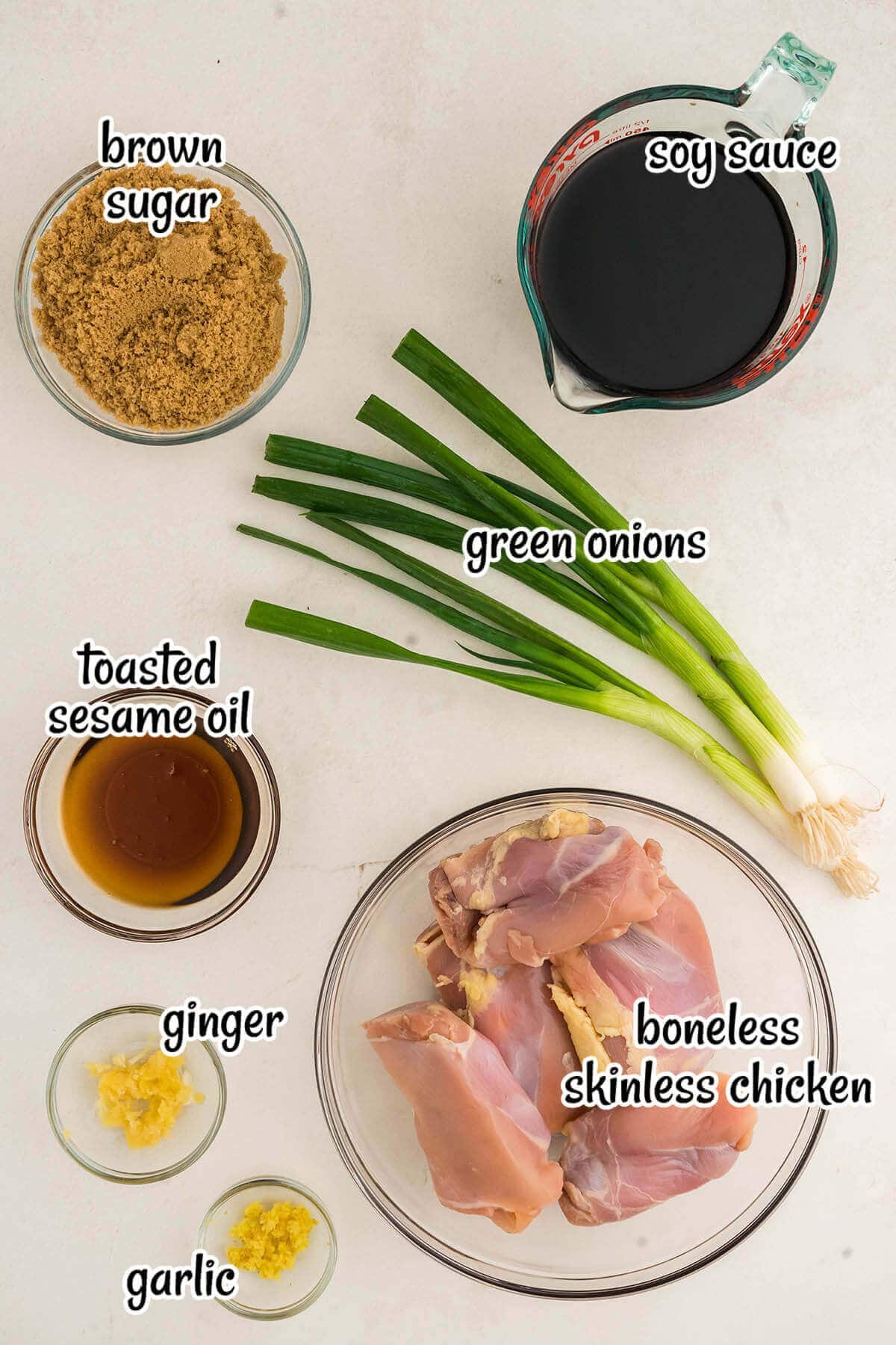 Ingredients needed for teriyaki Chicken Bowl Recipe with print overlay.