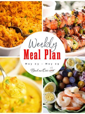 Collage of photos for Weekly Meal Plan 21 May 23-29 with print overlay.