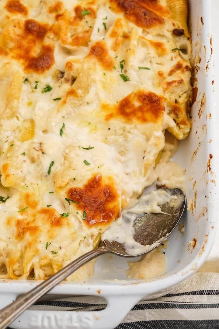 Chicken Alfredo Stuffed Shells Loaded With Bacon - Bowl Me Over