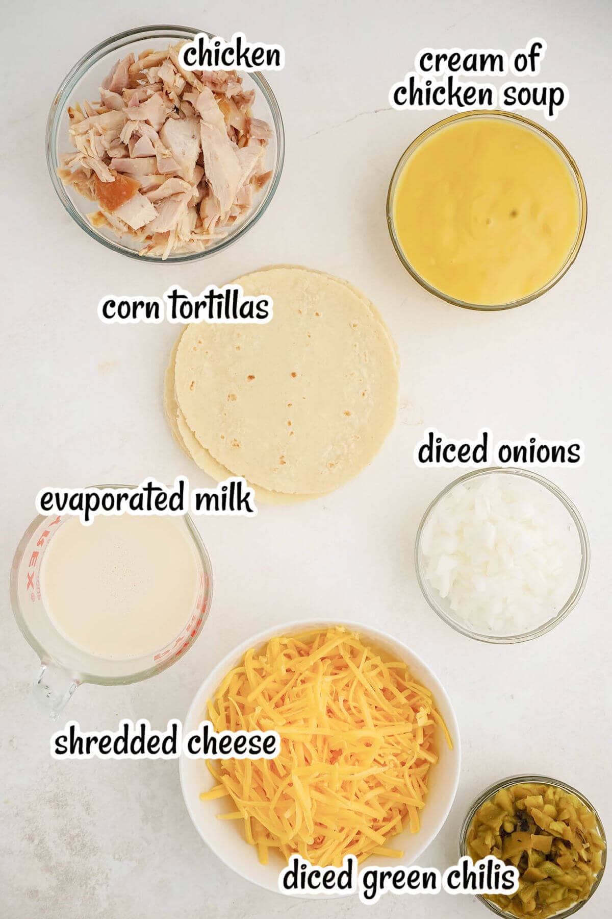 Photo of ingredients needed for enchilada recipe. With print overlay.