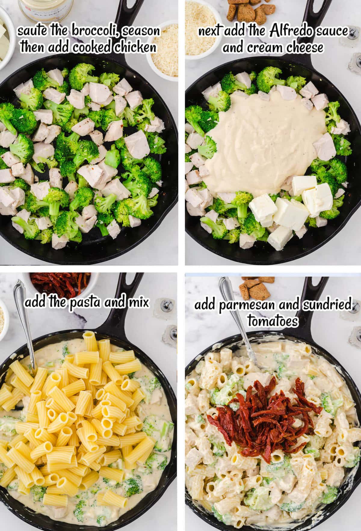 Step by step instruction for the easy chicken broccoli pasta recipe. With print overlay.
