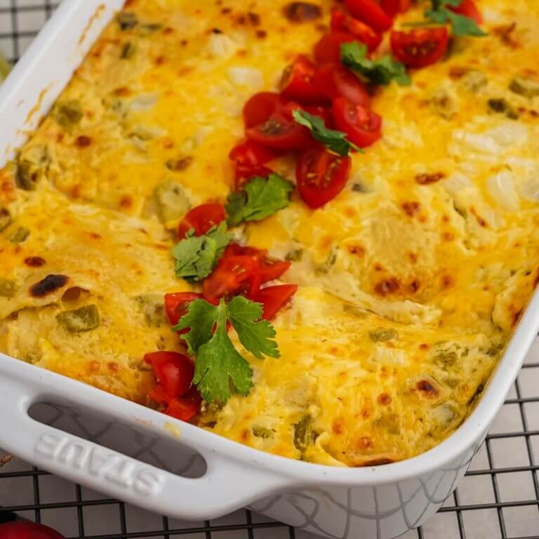 Layered Green Chile Chicken Enchilada Casserole Bowl Me Over   Green Chile Chicken Enchilada Casserole 768x768 