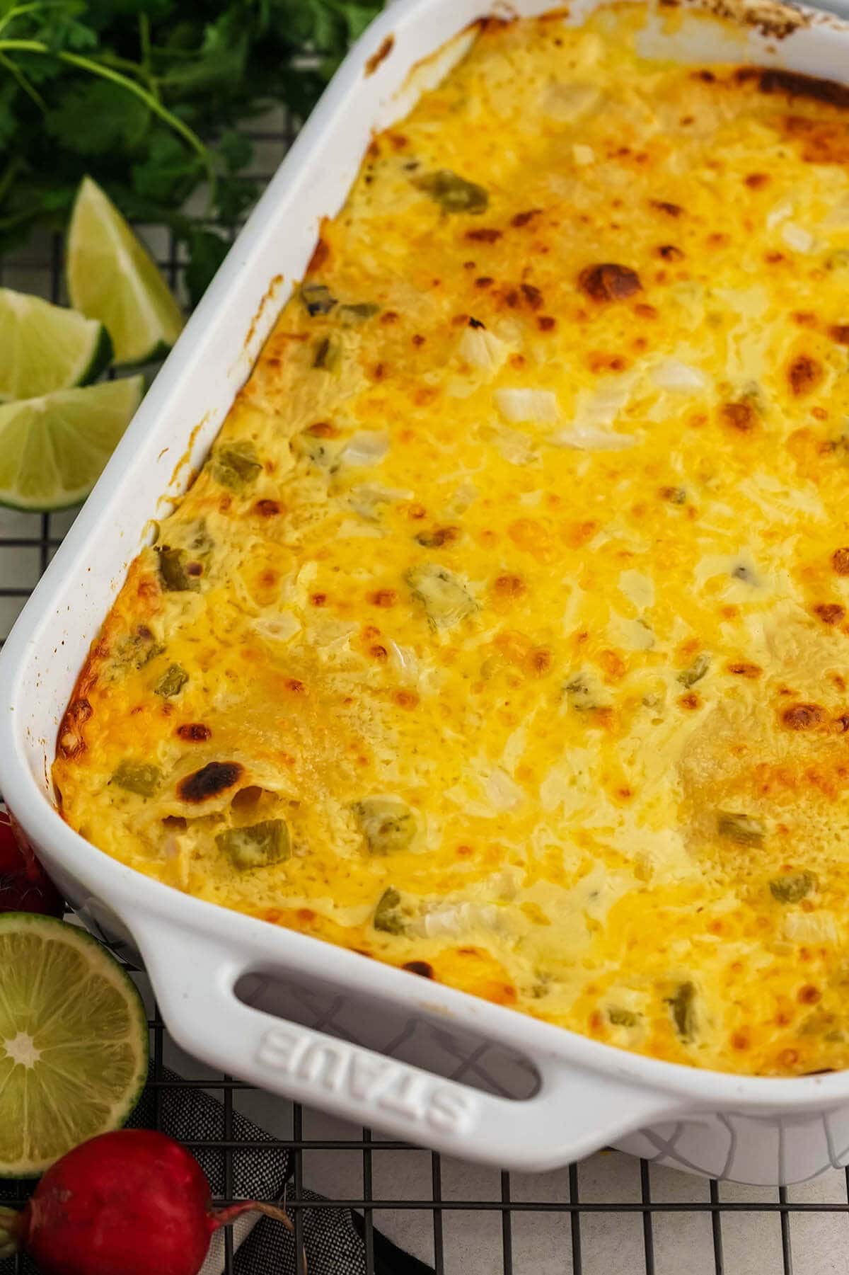 Overhead photo of baked enchilada casserole dish.