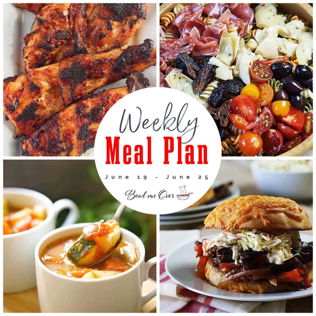 Collage of photos for rWeekly Meal Plan 25 with print overlay. 