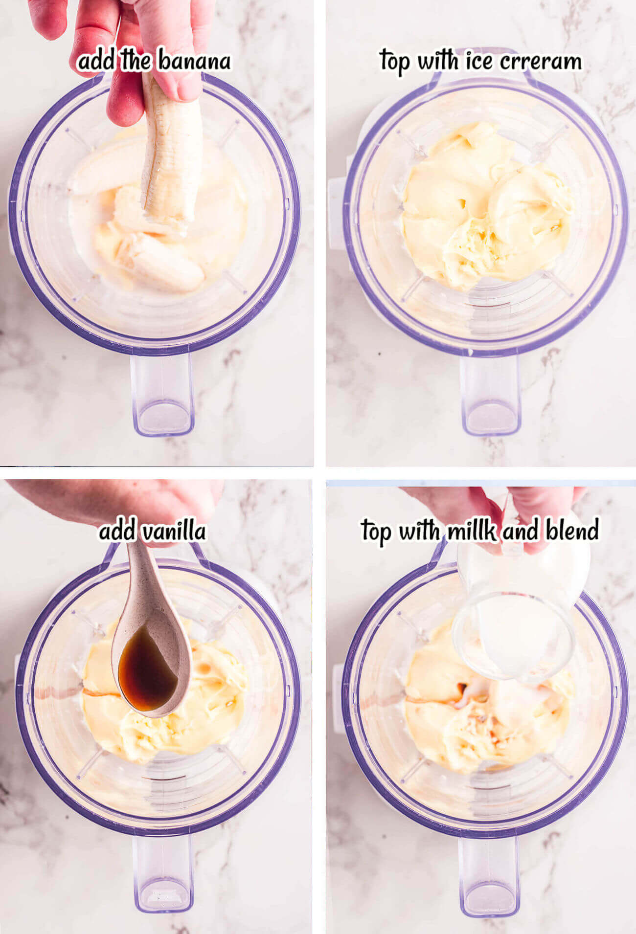 Step by step photos showing how to make Banana Milkshake recipe. With Print overlay.