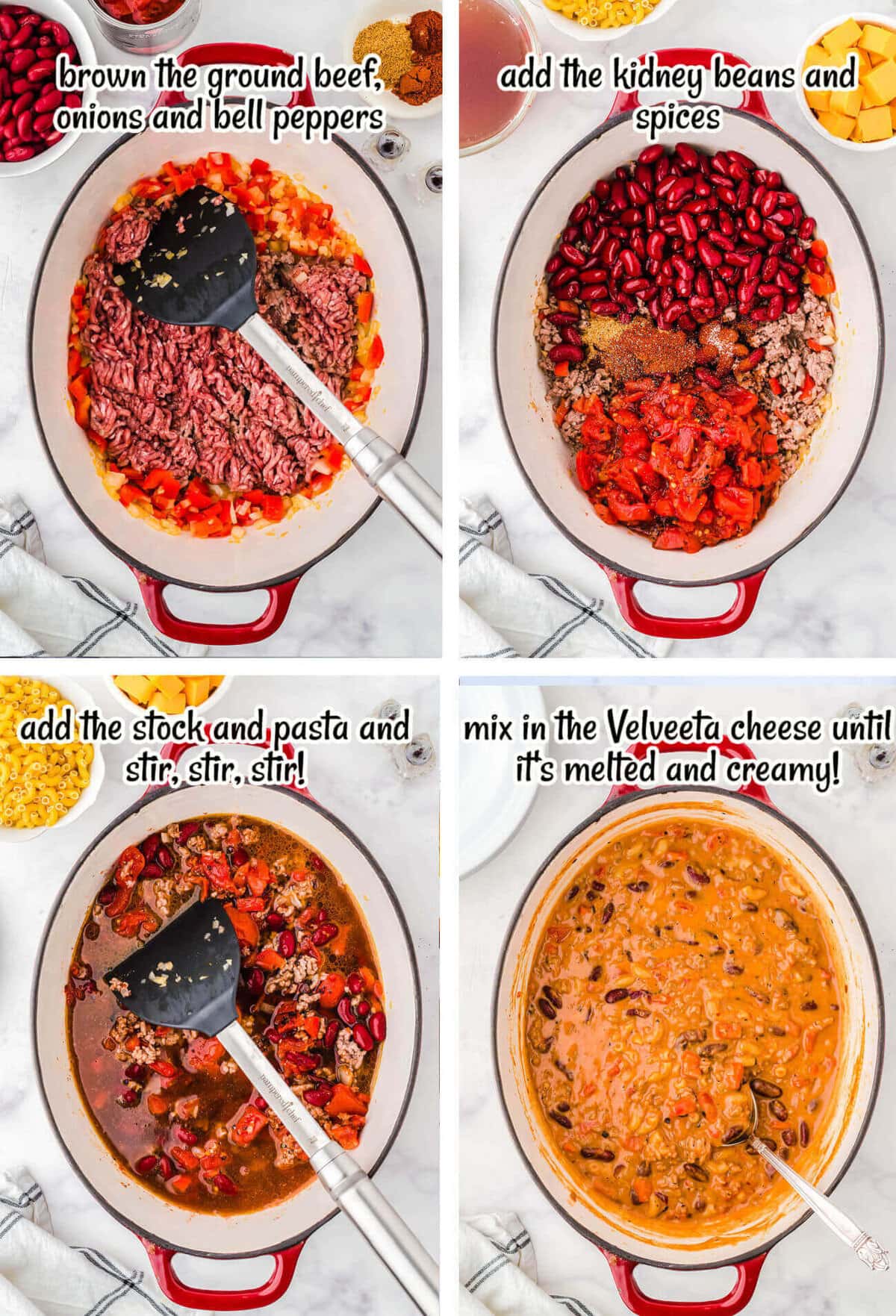 Step by step photos showing how to make Chili Mac n Cheese. With print overlay.