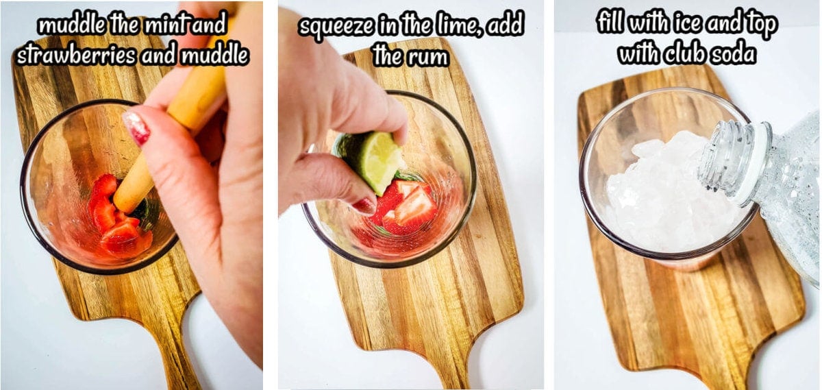 Step by step instructions to make the Strawberry Mojito Cocktail. With Print overlay.
