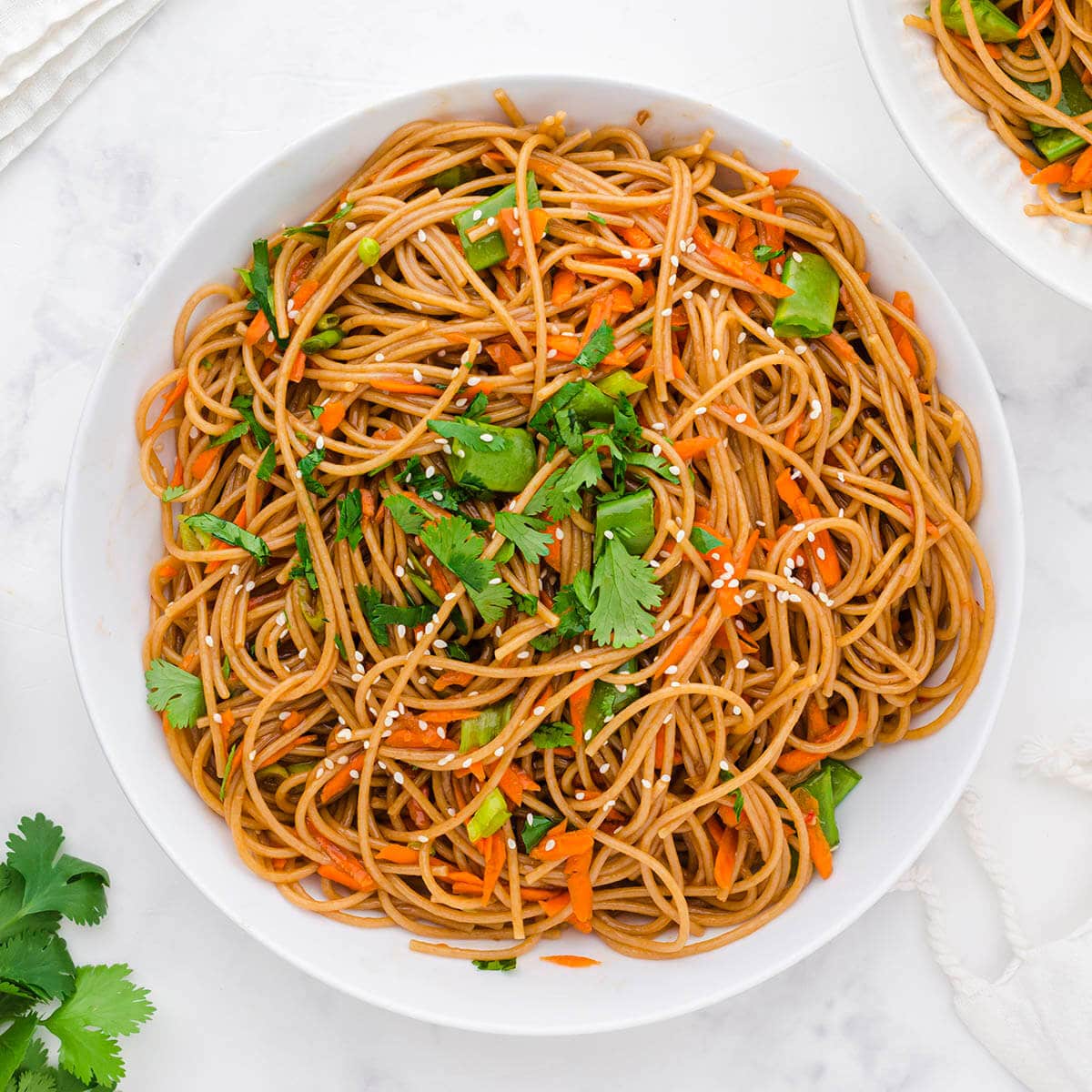 Chicken Teriyaki Noodles Bowl with snow peas.