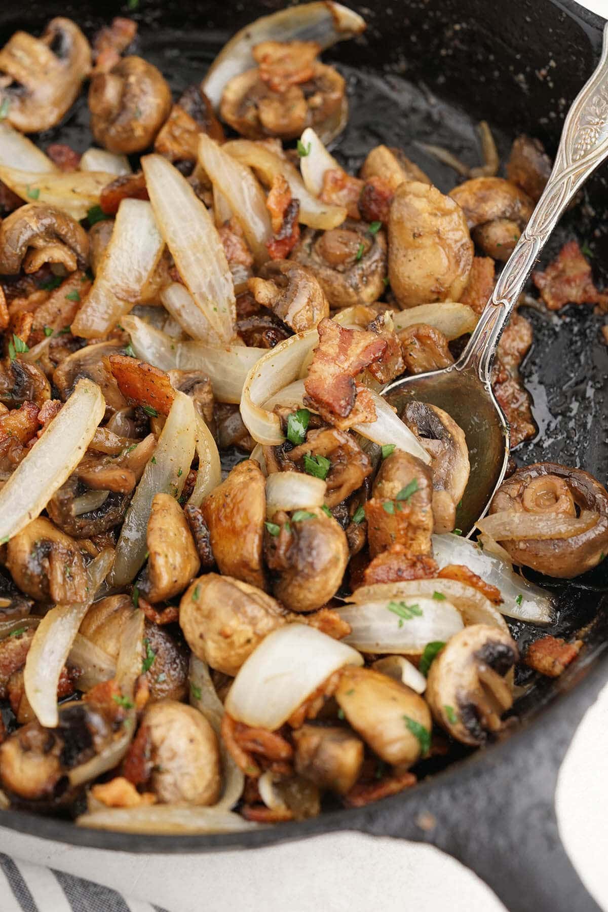Pan roasted mushrooms and onions in cast iron skillet.