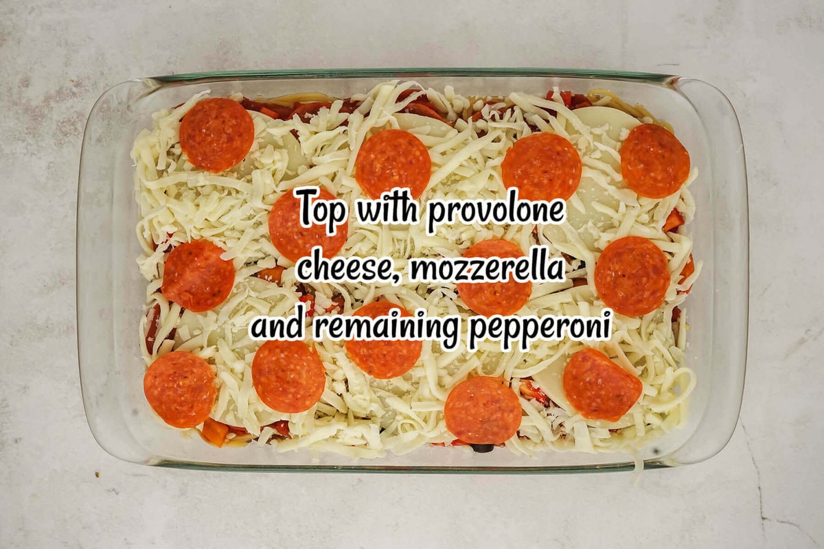 Unbaked Pizza Casserole dish with print overlay.