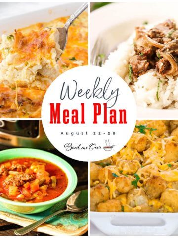 Photo collage of weekly meal plan 32 with print overlay.