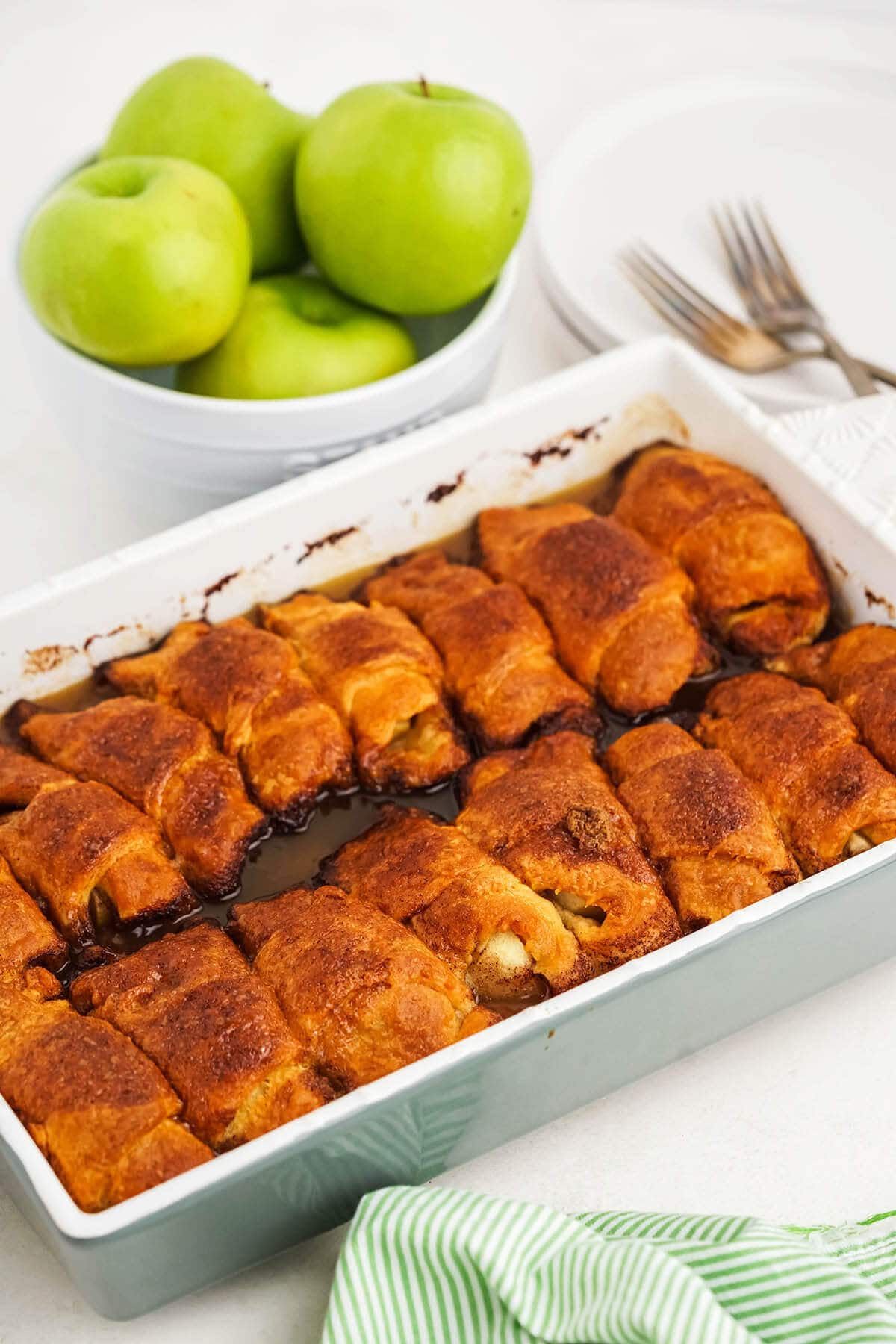 Casserole dish filled with Mountain Dew Apple Dumplings.