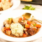 Beef stew with dumplings in white bowl with spoon.