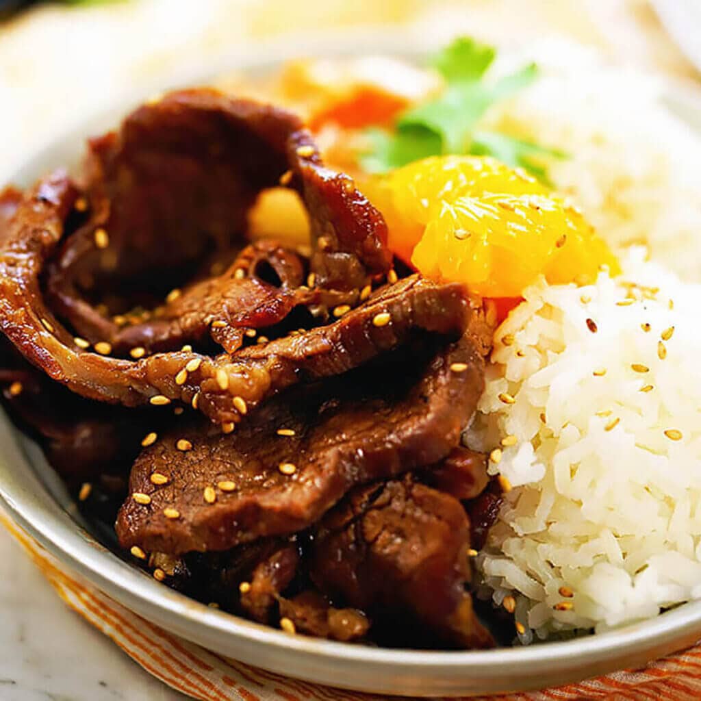 Korean BBQ Beef in bowl served with rice.