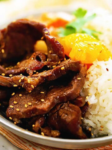 Korean BBQ Beef in bowl served with rice.