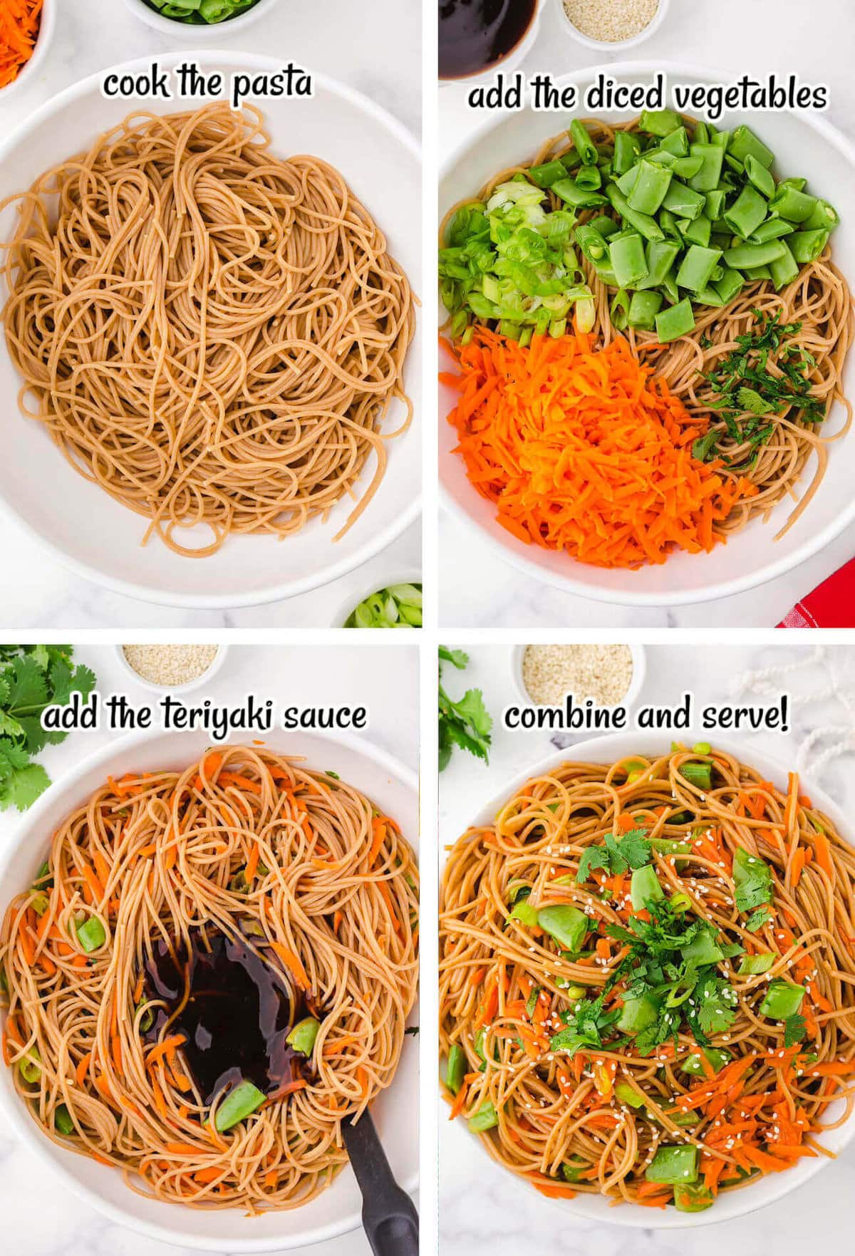 Step-by-step instructions on how to make the teriyaki noodles. With print overlay for clarification.