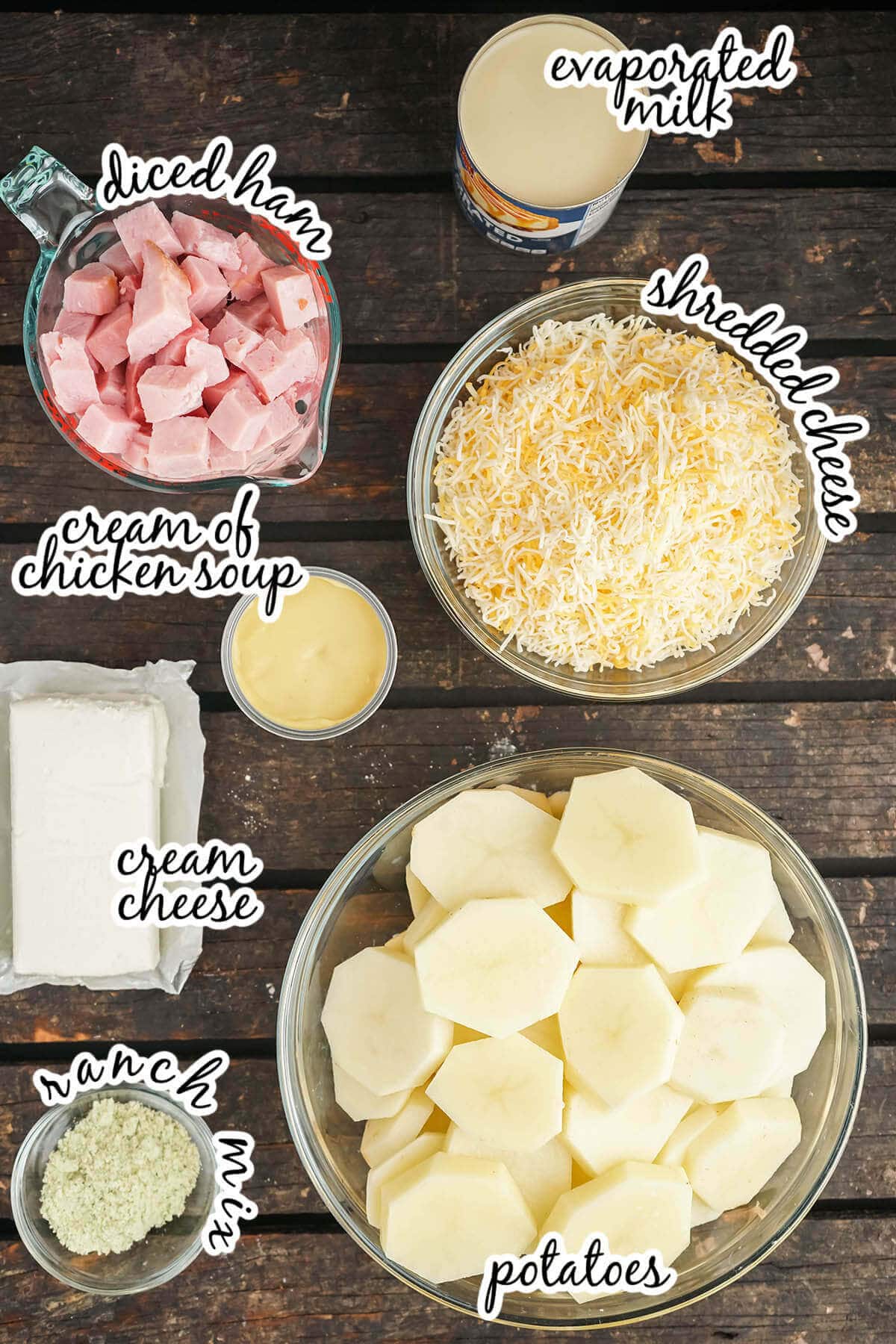 Ingredients for the Ham and Cheese Casserole with print overlay.