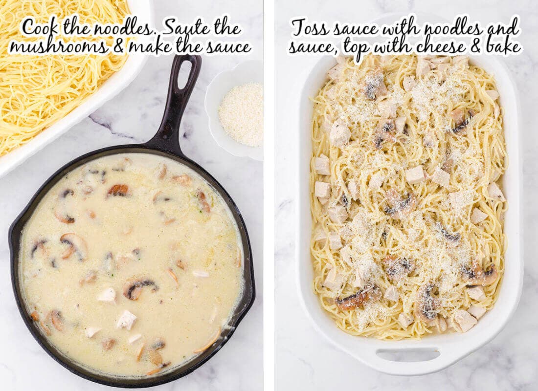 Collage of photos with instructions for making pasta dish. With print overlay.