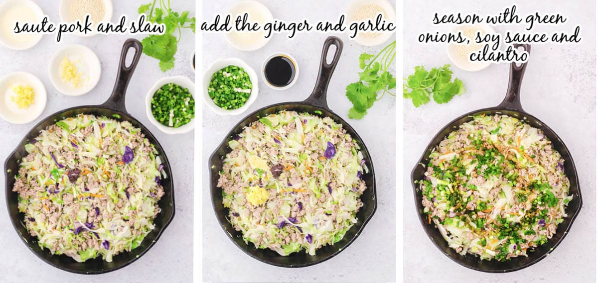 Photos with step by step instructions to make egg roll recipe. With print overlay.