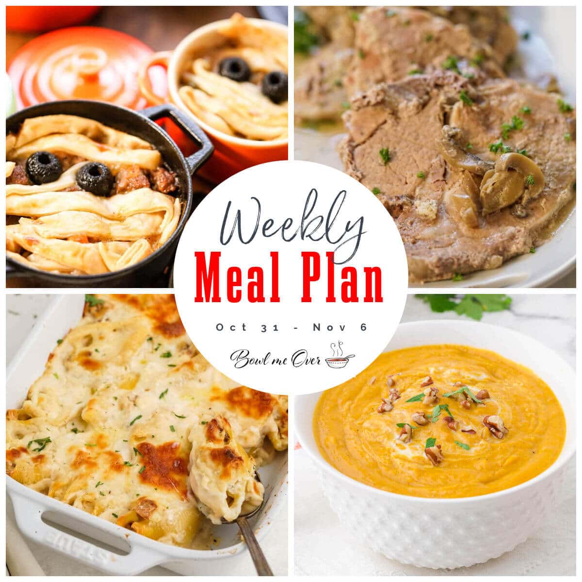 Collage of photos for weekly meal plan 43. With print overlay.