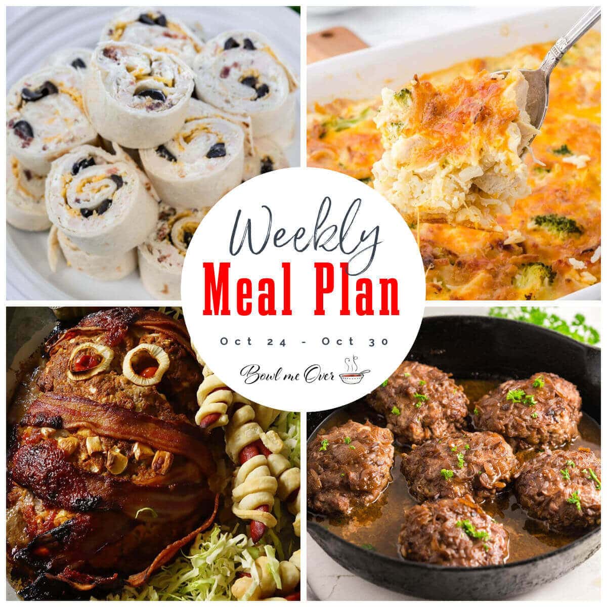 Collage of photos with pictures of recipes for Weekly Meal Plan 42. With print overlay.