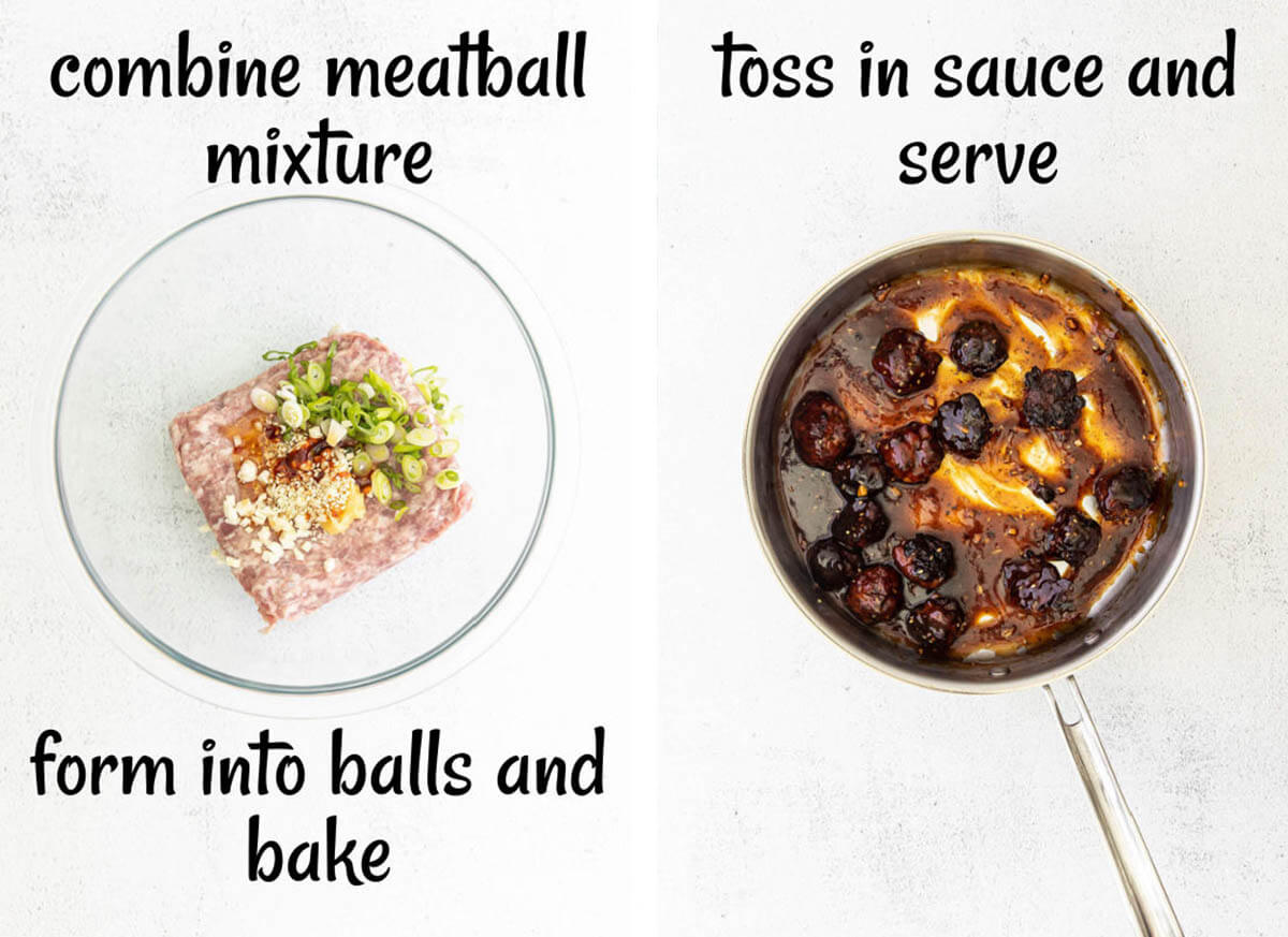 Two photos with instructions to make meatballs. With print overlay.