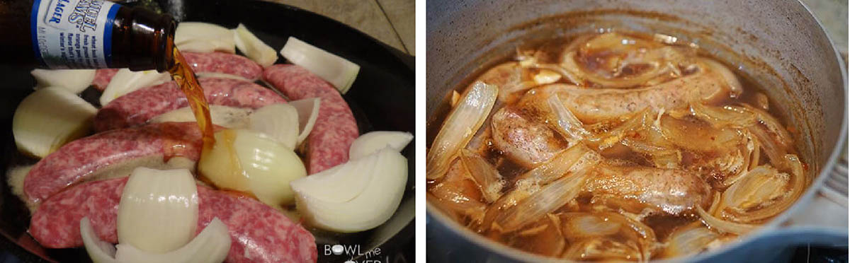 A pan with brats and onions with beer being poured into the Dutch oven. Second photo are boiled brats.