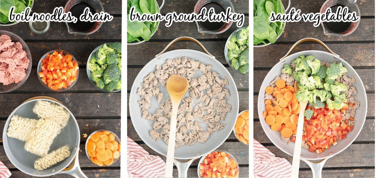 Three photos showing step by step instructions to make this stir fry recipe.