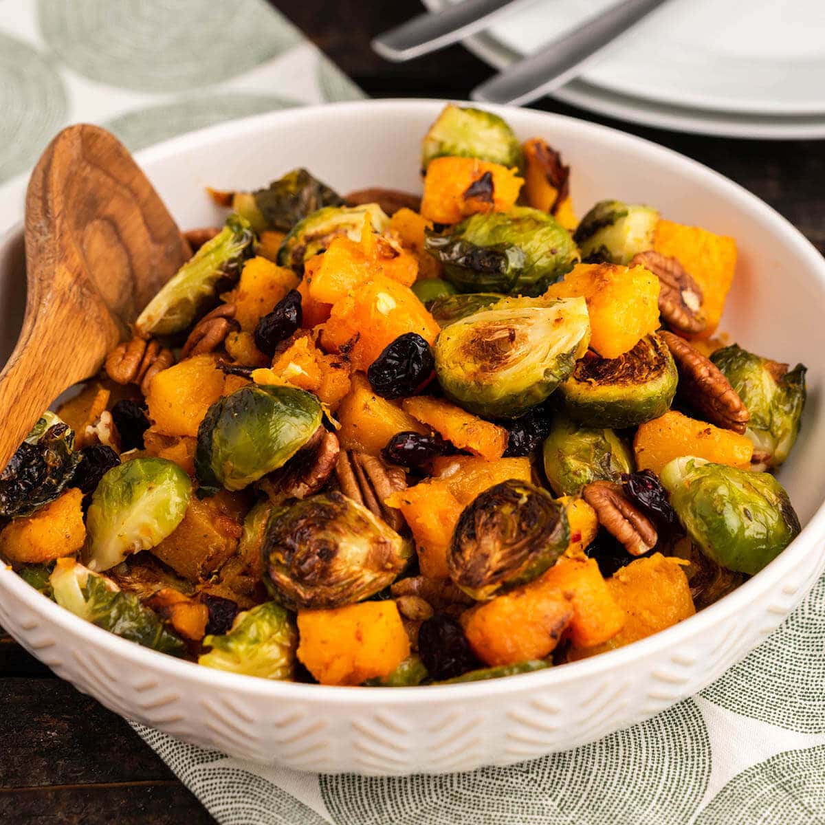 Roasted Butternut Squash and Brussels sprouts in serving bowl.