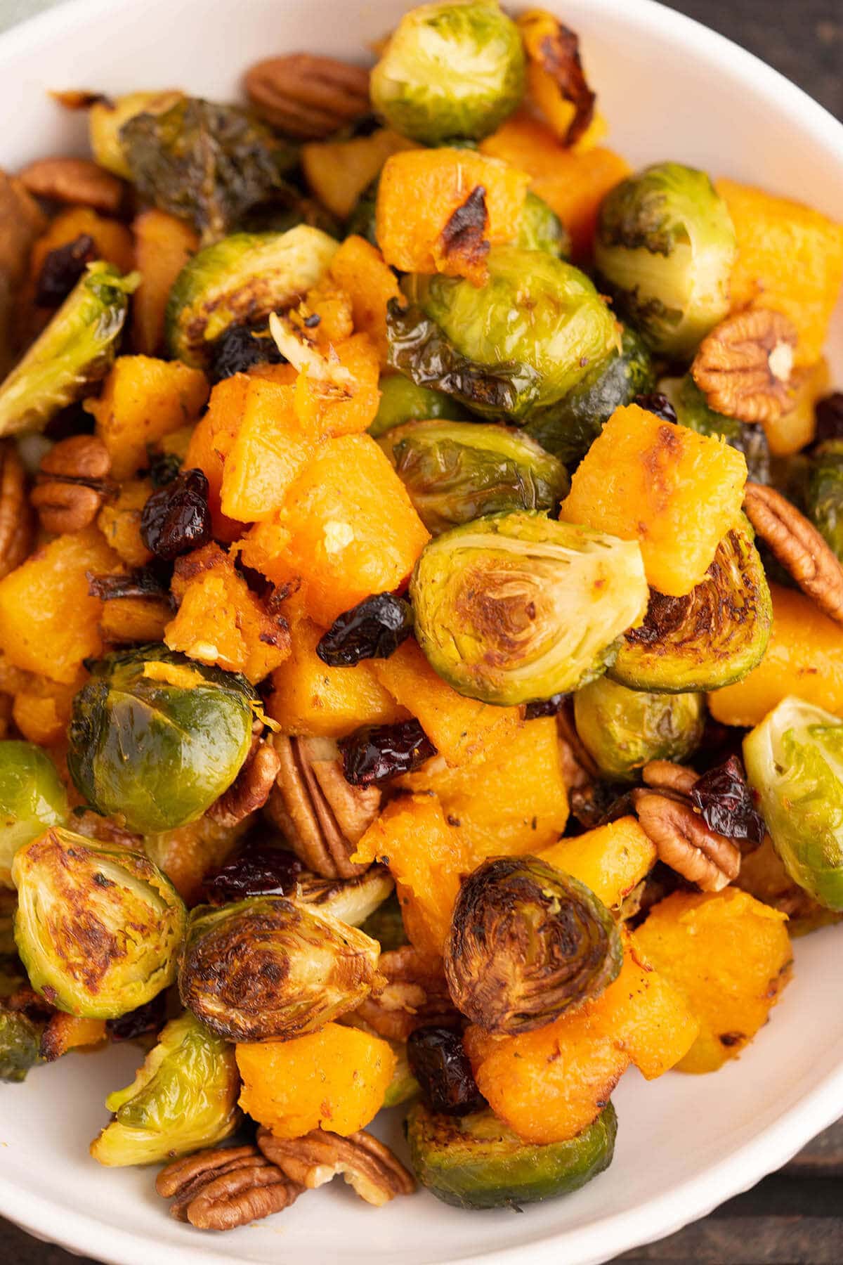 Overhead photo of roasted butternut squash and Brussels sprouts.