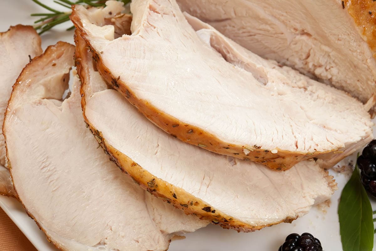 Sliced turkey breast on platter.