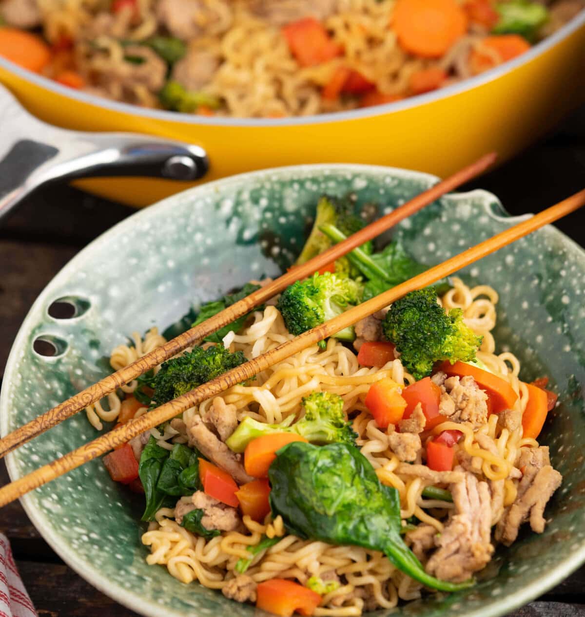 Pan-fried noodle dish in bowl with chopsticks.