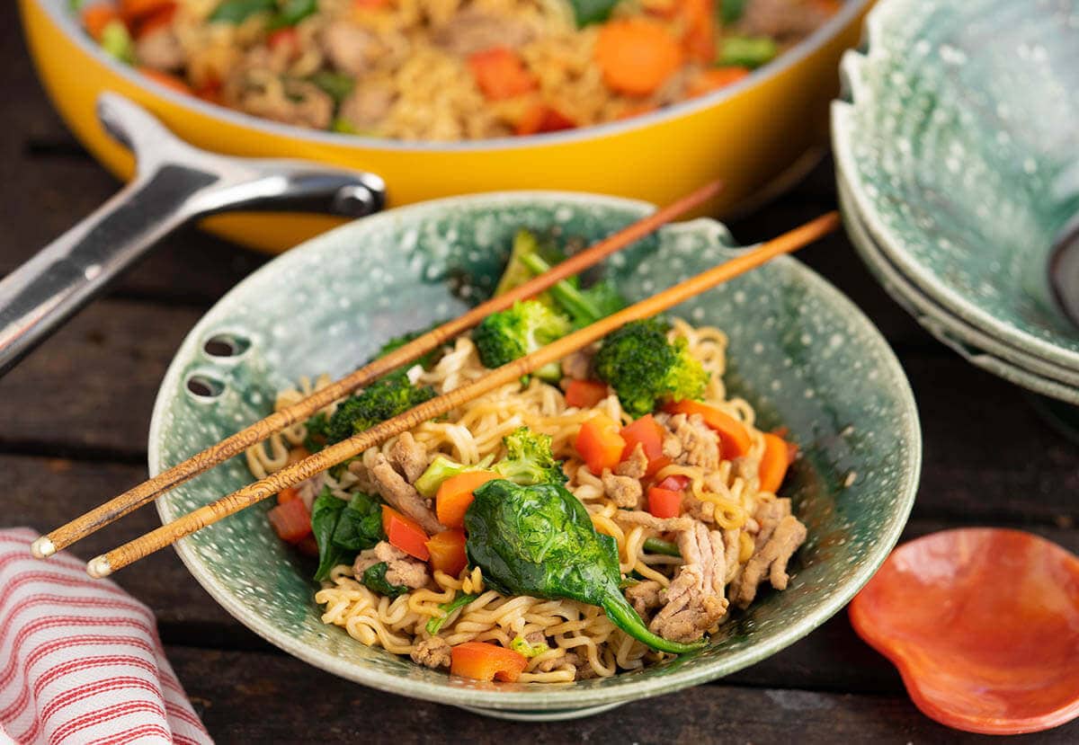 Teriyaki Ramen Noodles in green bowl with chopsticks.