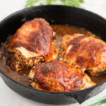 French Onion Chicken Bake in cast iron skillet.
