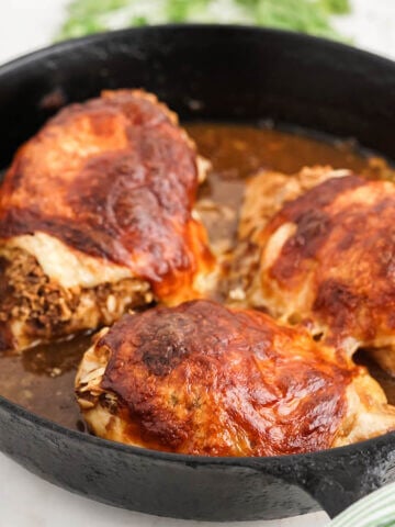 French Onion Chicken Bake in cast iron skillet.