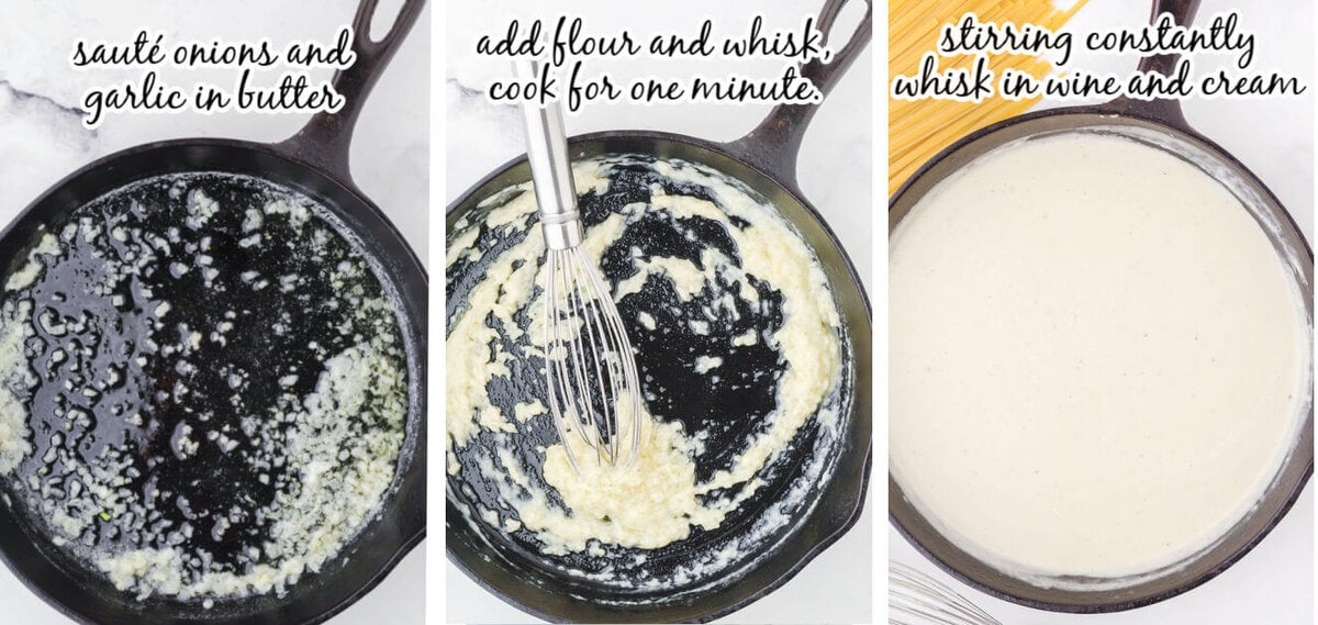 Step by step photos with instructions to make Alfredo sauce. With print overlay.