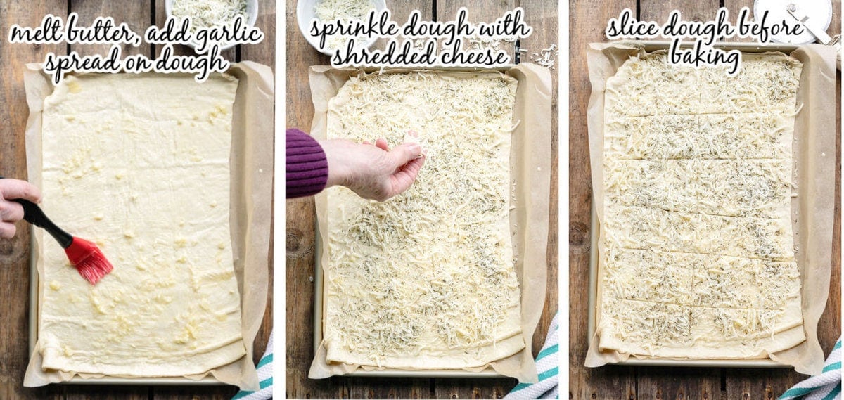 Step by step photo instructions showing how to make breadstick recipe. With print overlay.
