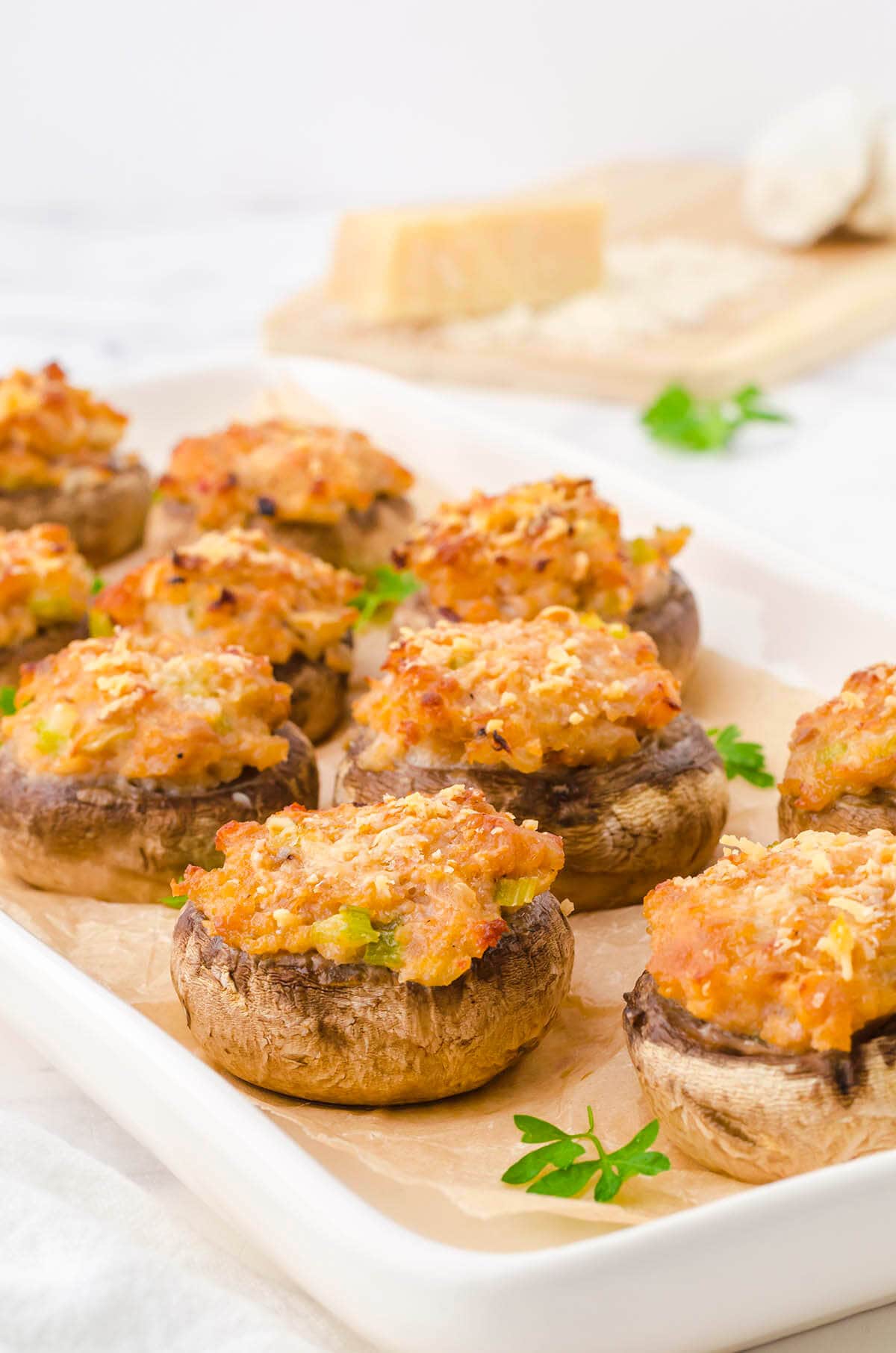 Baked Stuffed Mushrooms on a platter.