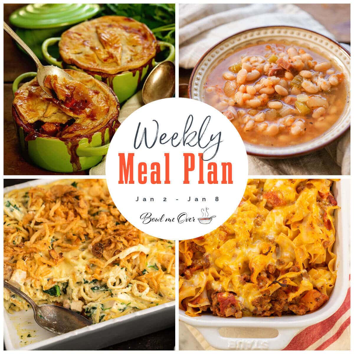 Collage of photos for weekly meal plan 1 with casseroles and soups. With print overlay.
