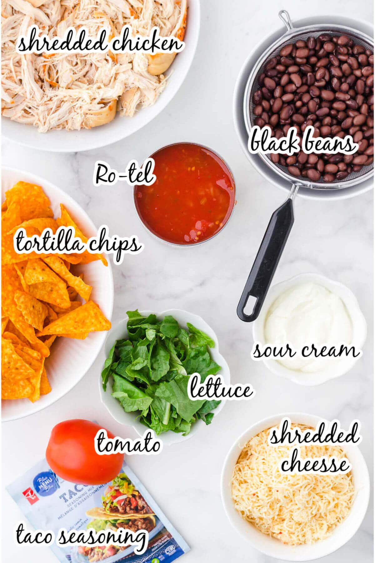 Ingredients to make this Chicken Taco Casserole recipe, with print overlay. 