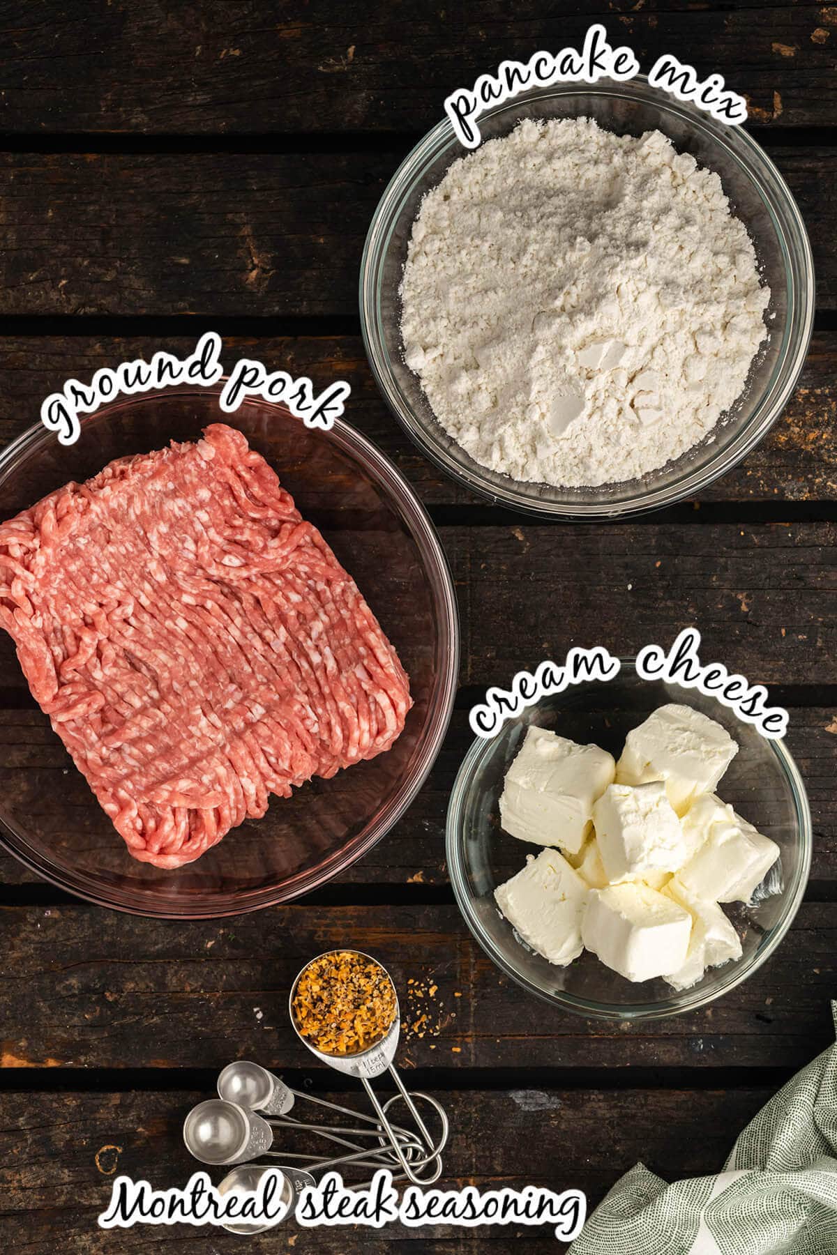 Ingredients to make cream cheese sausage ball recipe, with print overlay. 