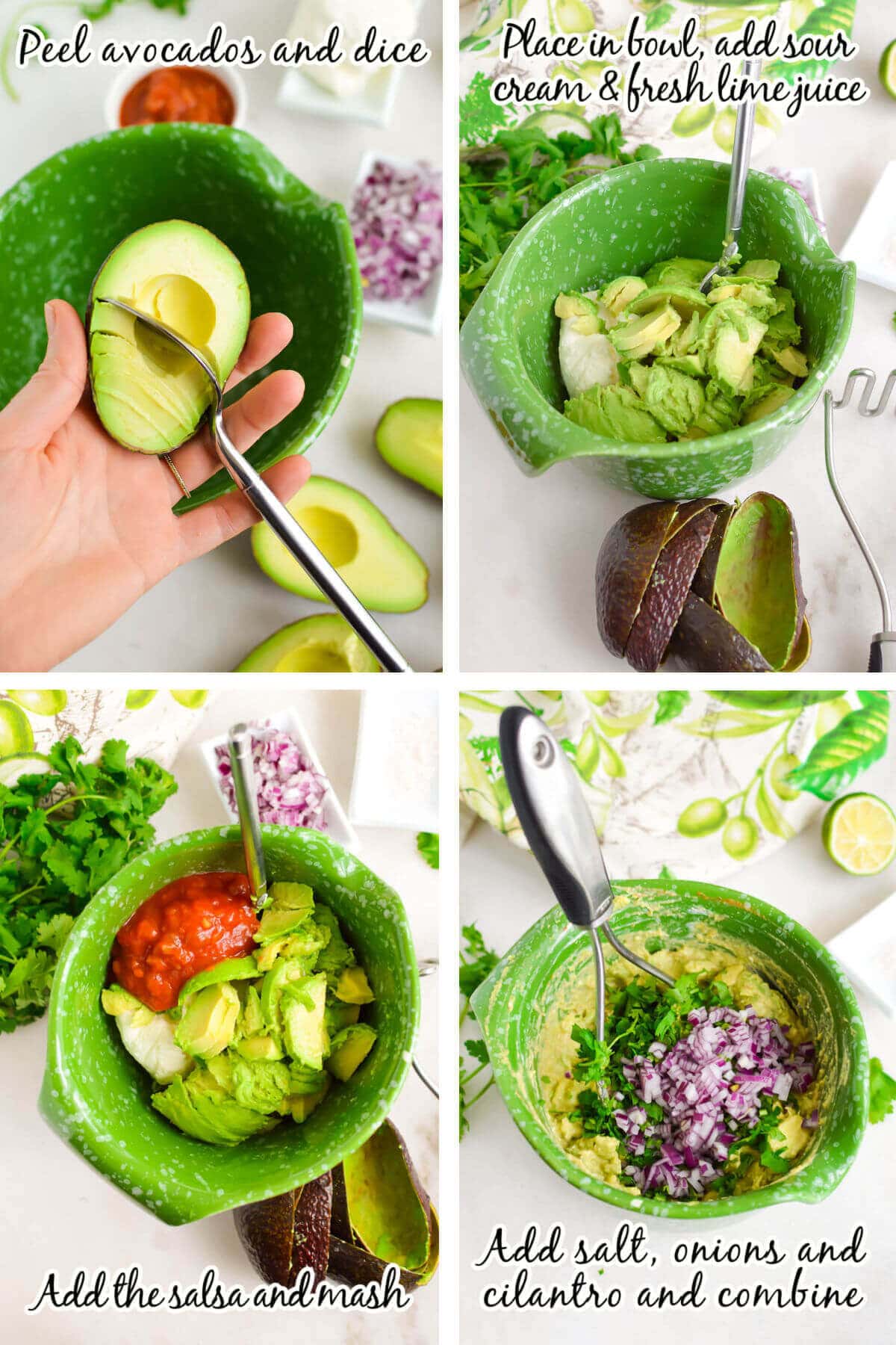 Photos with step by step instructions to make guacamole with cream cheese.