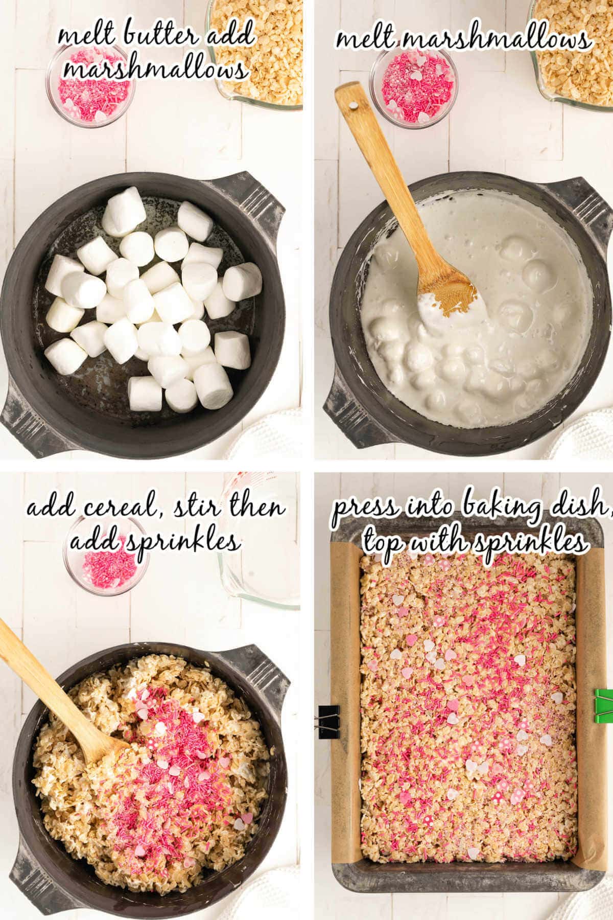 Photo of step by step instructions to make rice krispie treats. With print overlay.